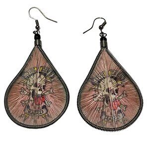 Skull Crossbones Tattoo Design Woven String Teardrop Dangle Earrings Jewelry